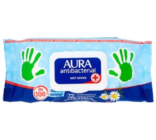 Салфетки влажные с ромашкой антибактериальные Aura 72 шт