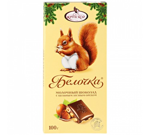 Шоколад Белочка молочный с цельным фундуком КФ Крупской 100 гр