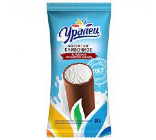 Мороженое Уралец сливочное в шоколадно-сливочной глазури трубочка 70 гр

