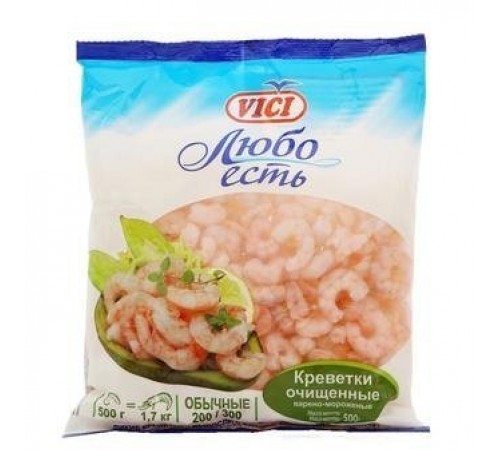 Креветки очищенные 200/300 варено-мороженные Вичи 500 гр
