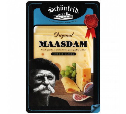 Сыр полутвердый Маасдам нарезка Schoenfeld 150гр 45%
