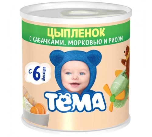 Пюре мясное Цыпленок с кабачками морковкой и рисом жестяная банка Тема 100гр Пюре мясное Цыпленок с кабачками морковкой и рисом жестяная банка Тема 100гр