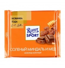 Шоколад молочный Соленый миндаль с медом Риттер спорт 100г