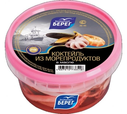 Коктейль из морепродуктов в масле Балтийский Берег 180гр Коктейль из морепродуктов в масле Балтийский Берег 180гр