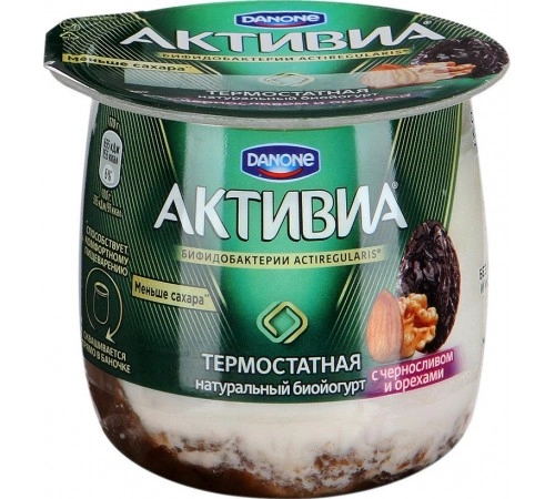 Биойогурт густой термостатный двухслойный Чернослив-Орехи Активия 170гр 3,0%