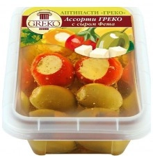 Ассорти (перчики, патиссоны, оливки) с сыром Фета Греко 240гр