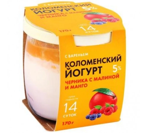 Йогурт Черника,малина, манго Коломенский 170гр 5%
